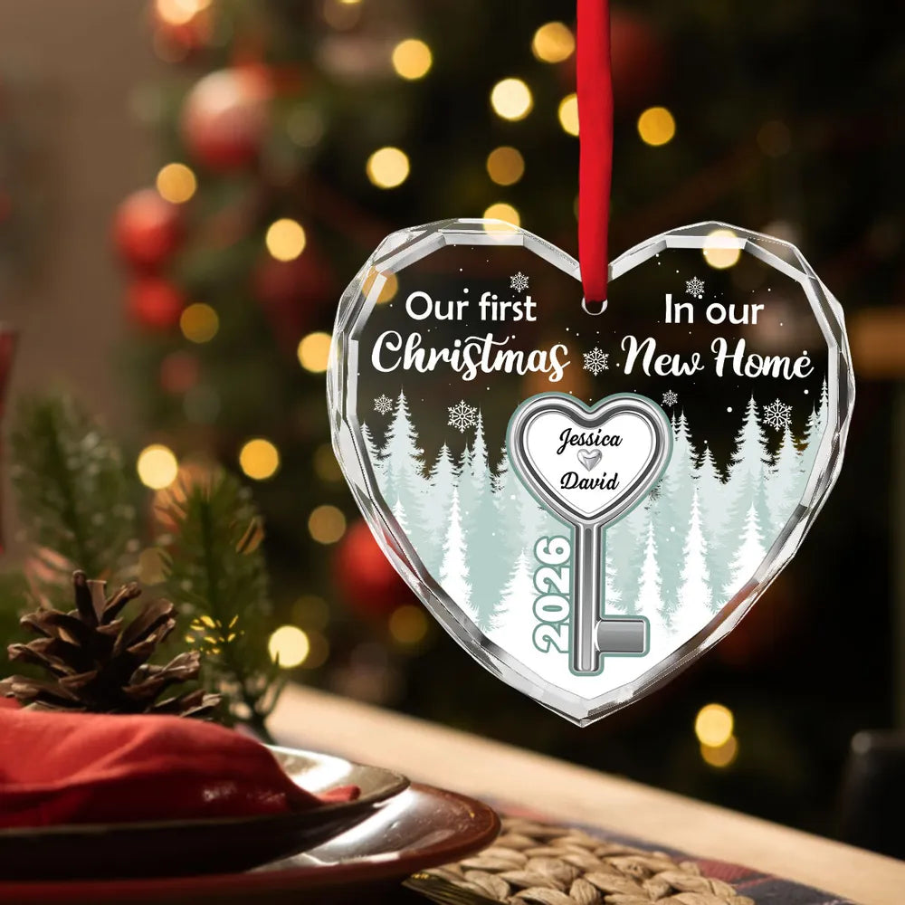 Custom Crystal Heart Ornament with Snowy Forest & Heart Key, Creative Gift for New Home Couple