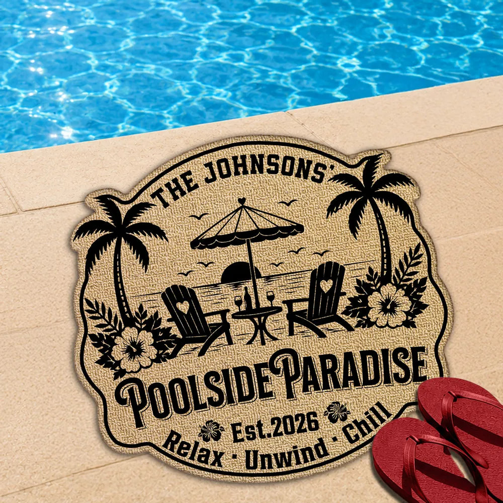 Personalized Shaped Doormat, Poolside Paradise Design, Unique Gift for Pool Owners & Families