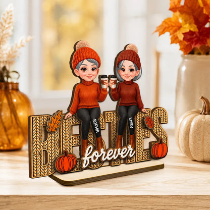 Personalized Wooden Plaque With Cozy Fall Friends Holding Coffee, Creative Gift For Sister & Friend