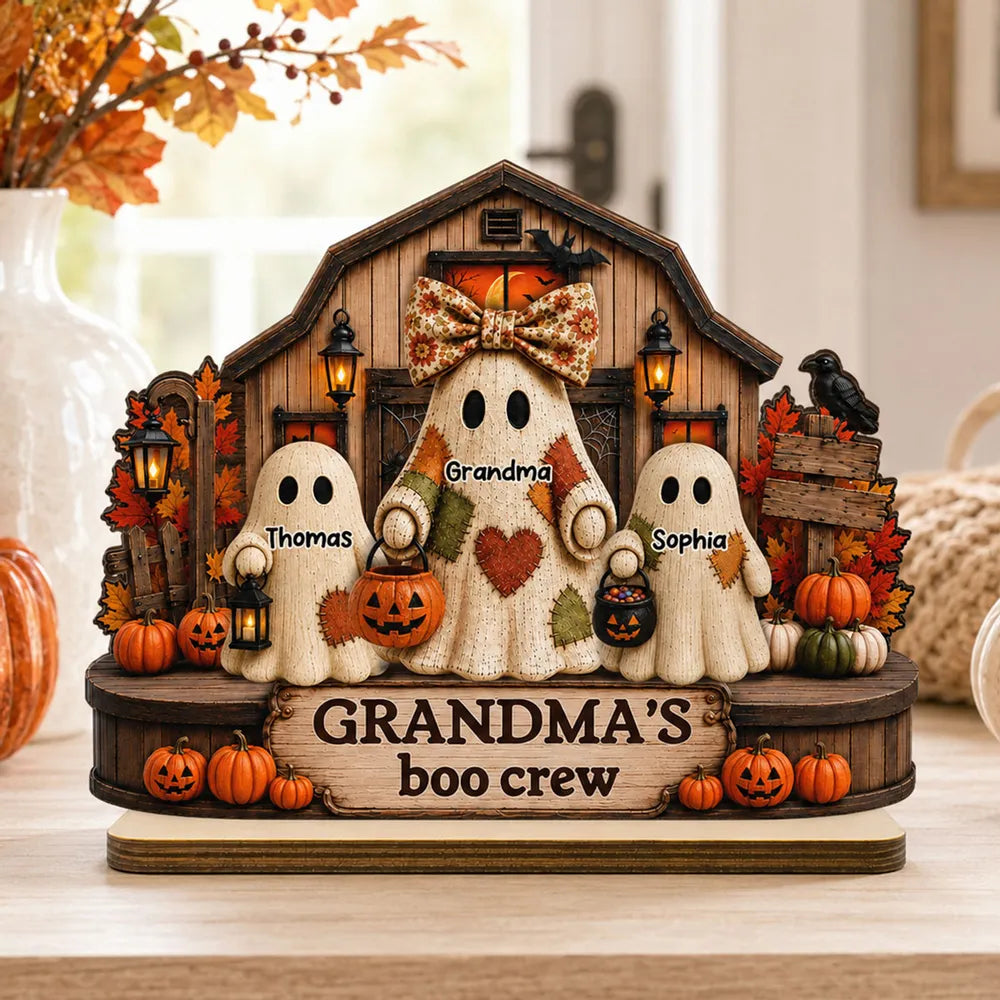 Personalized 2-Layer Wooden Plaque, Grandma's Boo Crew Halloween Decor, Unique Gift for Grandma