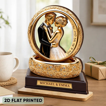 Personalized 2-Layer Wooden Plaque With Golden Embracing Couple, Unique Anniversary Gift For Couples