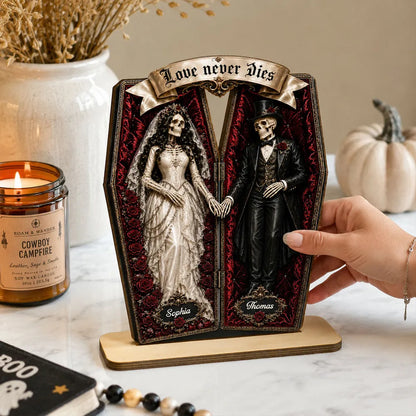 Personalized 2-Layer Wooden Plaque, Skeleton Couple Coffin Halloween Decor, Unique Gift for Couples