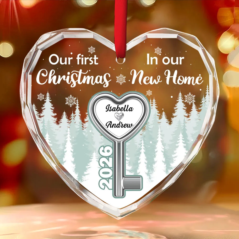 Custom Crystal Heart Ornament with Snowy Forest & Heart Key, Creative Gift for New Home Couple