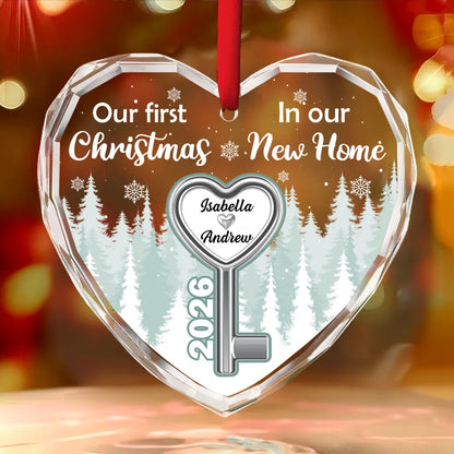 Custom Crystal Heart Ornament with Snowy Forest & Heart Key, Creative Gift for New Home Couple