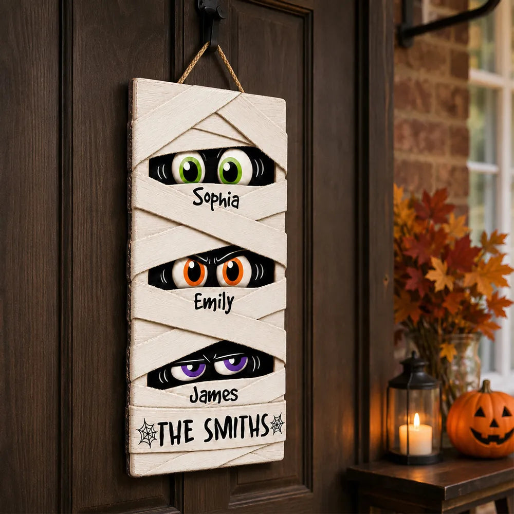 Personalized Mummy Family Wooden Sign, Peeking Eyes Halloween Door Decor, Unique Gift for Family