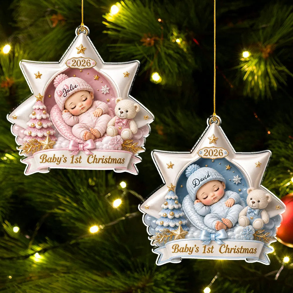 Personalized Acrylic Ornament, Sleeping Baby and Teddy Bear in Soft Pastels, Unique First Christmas Gift for New Parents