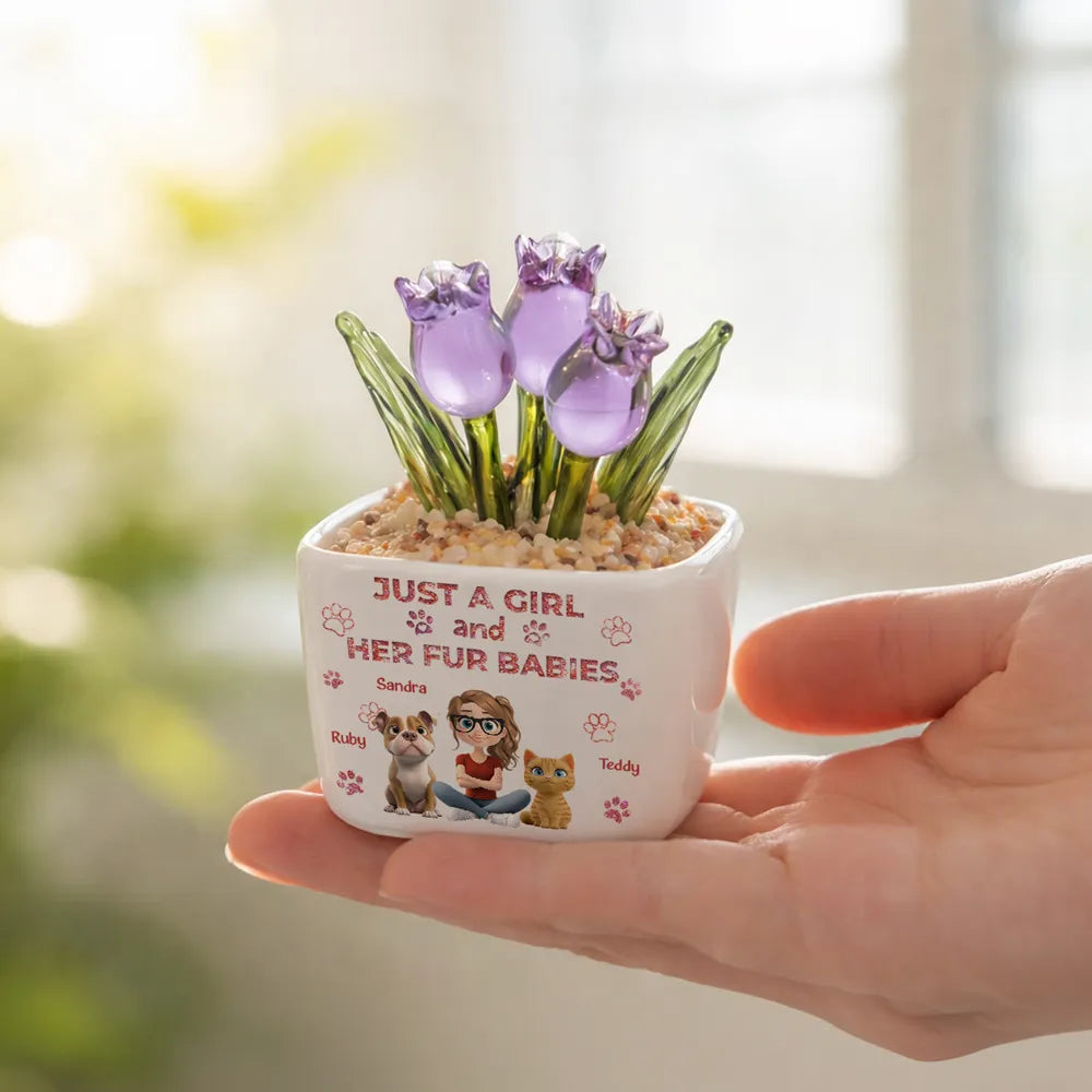 Personalized Square Glass Planter, Pink Tulips With Girl & Fur Babies, Unique Gift For Pet Mom