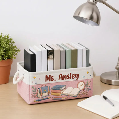 Personalized Rope Basket for Teacher, Soft Pink Book Desk Storage with School Illustration, Unique Gift