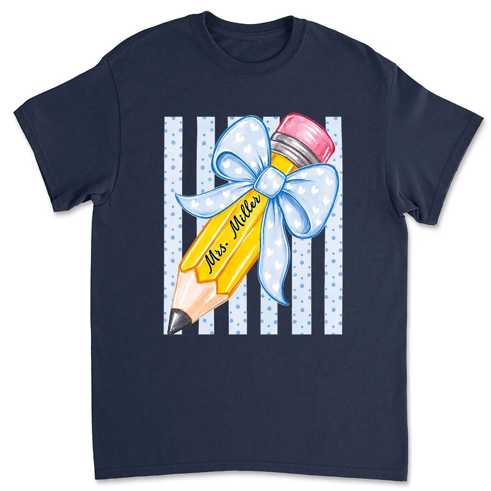 Personalized Classic Tee, Watercolor Pencil & Blue Bow, Unique Teacher Gift for Classroom Style