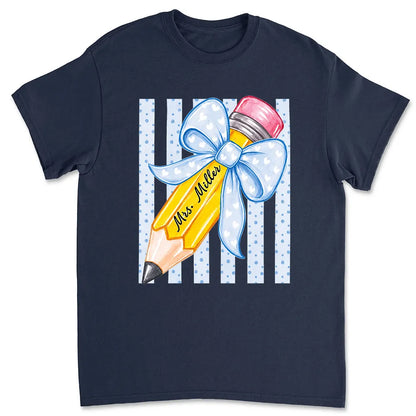 Personalized Classic Tee, Watercolor Pencil & Blue Bow, Unique Teacher Gift for Classroom Style