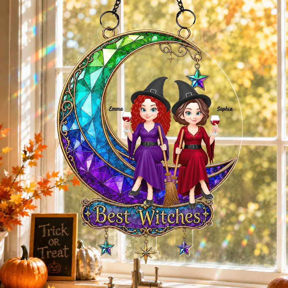 Personalized Acrylic Suncatcher Ornament, Witch Friends On Moon, Unique Halloween Gift For Friends