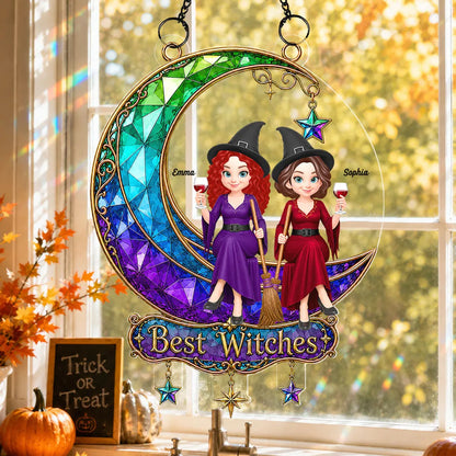 Personalized Acrylic Suncatcher Ornament, Witch Friends On Moon, Unique Halloween Gift For Friends