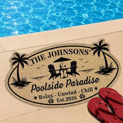 Tropical Personalized Shaped Doormat with Poolside Chairs, Unique Family Gift for Backyard Entry