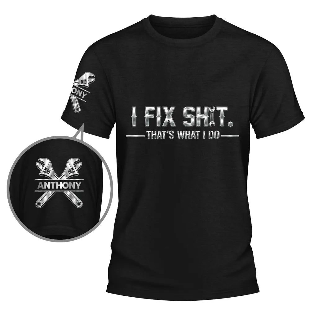 Personalized Dual Print Classic Tee with Mechanic Wrench Art, Unique Creative Gift for Fix-It Guys