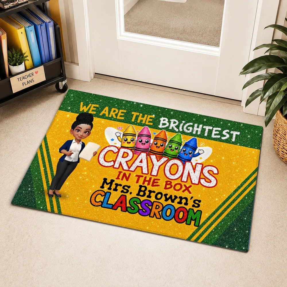 Personalized Standard Doormat, Teacher Holding Papers & Colorful Crayons, Unique Classroom Gift