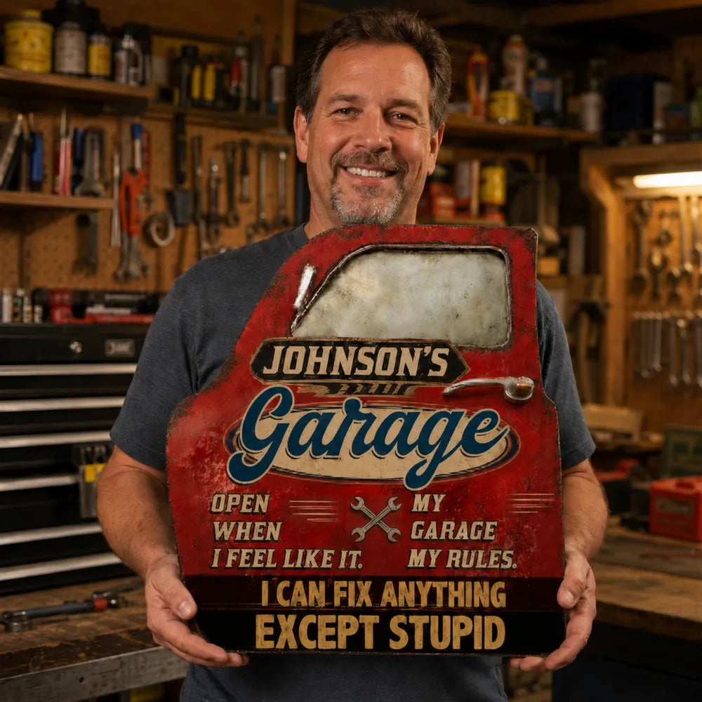 Personalized Wooden Sign, Vintage Red Garage Door Design, Unique Gift for Dad's Workshop