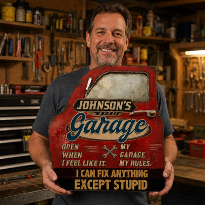 Personalized Wooden Sign, Vintage Red Garage Door Design, Unique Gift for Dad's Workshop