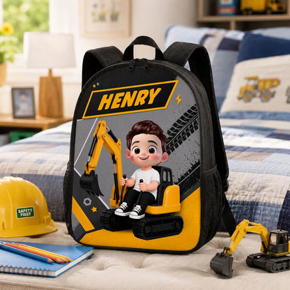 Personalized Kids School Backpack, Cute Excavator Ride Design, Unique Gift for Kids & Grandkids