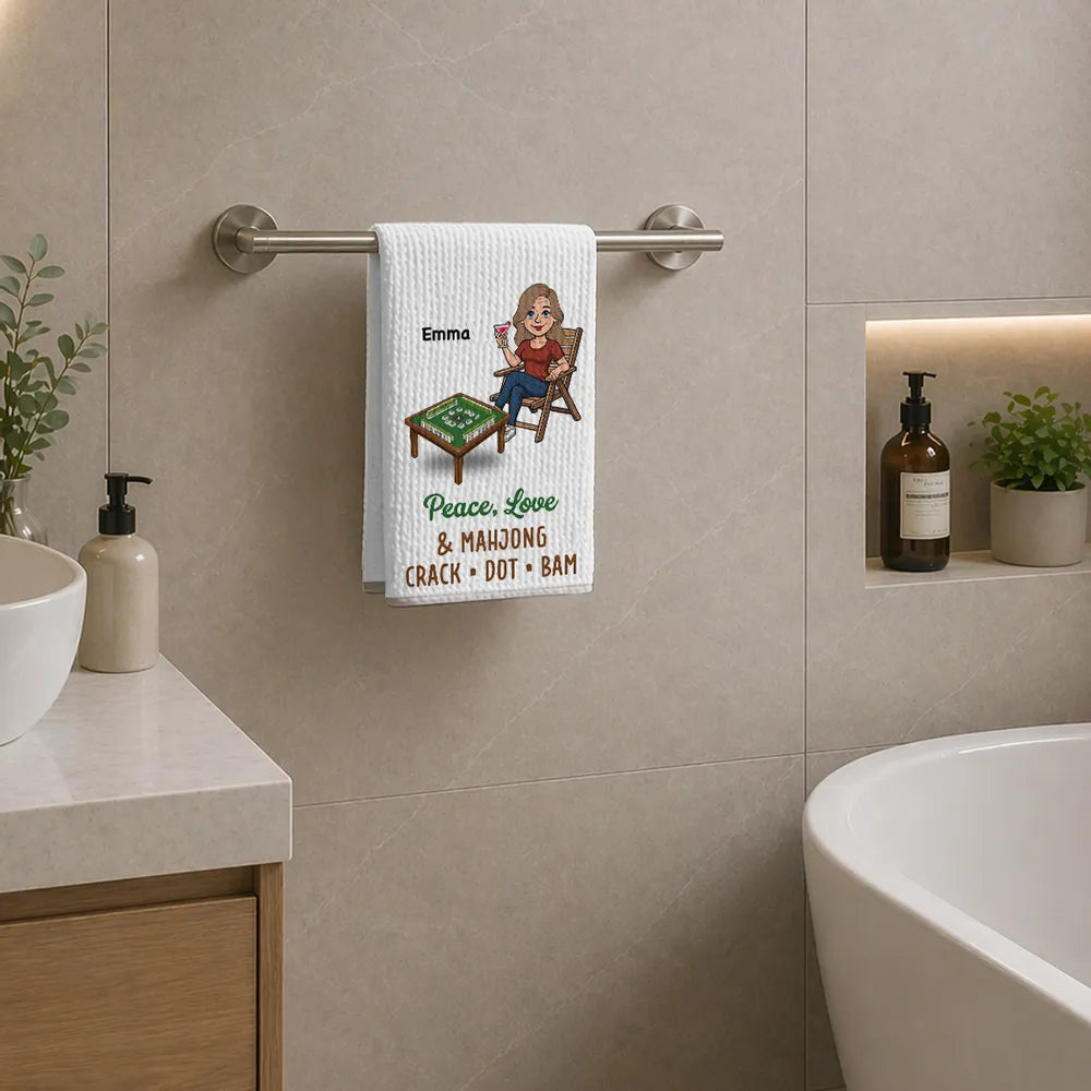 Personalized Kitchen Towel with Mahjong Friends Playing, Unique Gift for Game Night Decor