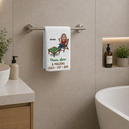 Personalized Kitchen Towel with Mahjong Friends Playing, Unique Gift for Game Night Decor