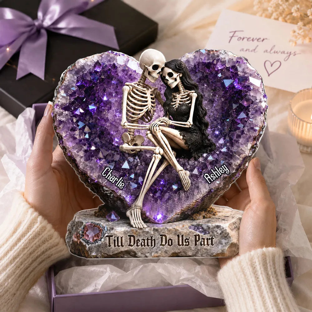 Personalized Shaped Acrylic Block Plaque, Embracing Skeleton Couple Halloween Decor, Unique Gift For Couple