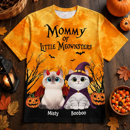 Personalized Printed Classic Tee for Cat Mom, Halloween Cats With Pumpkins & Bats, Unique Gift