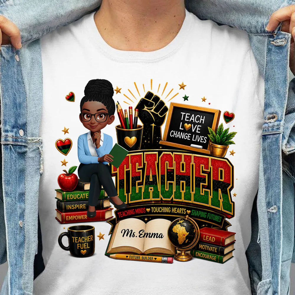 Personalized Classic Tee for African American Teacher, Teach Love Graphic, Unique Creative Gift for School