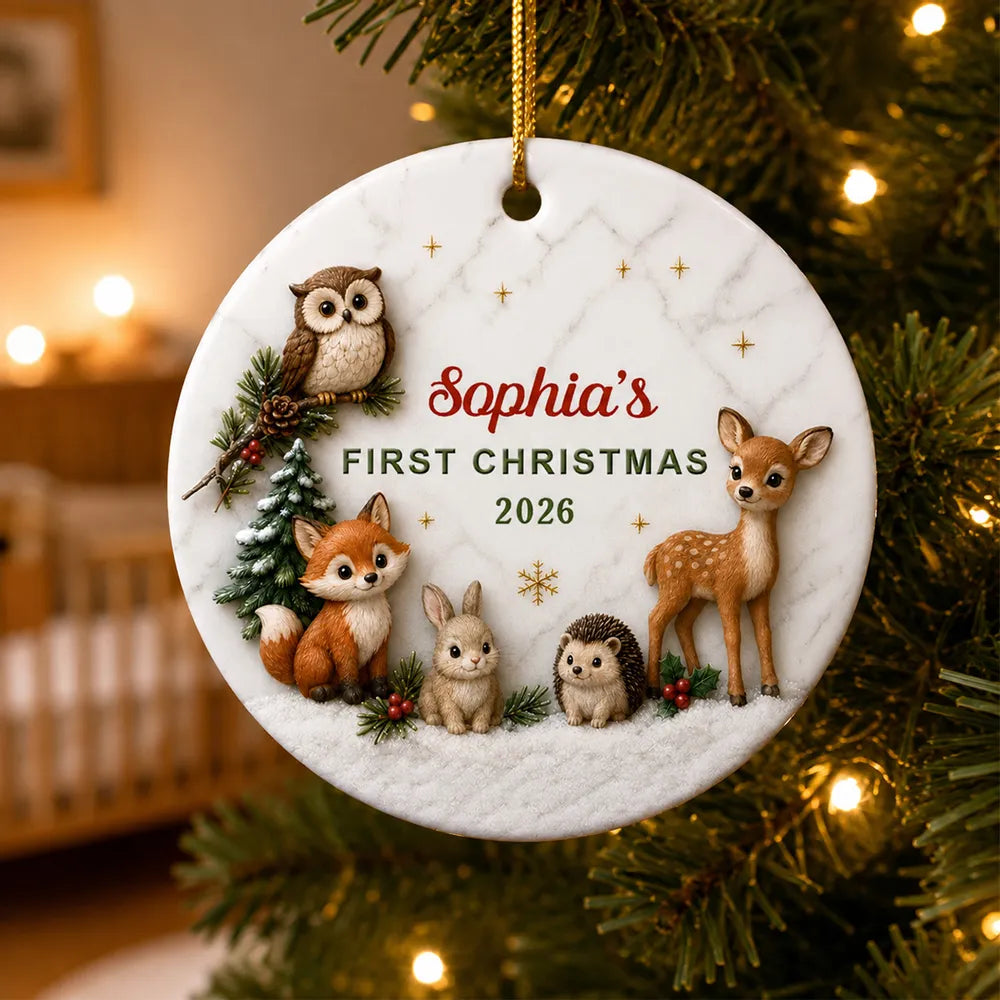 Ceramic Ornament, Personalized First Christmas Woodland Animals, Unique Gift for Baby & Family