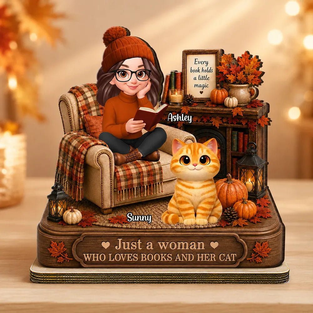 Personalized 2-Layer Wooden Plaque, Woman Reading With Her Cat, Warm Fall Keepsake, Unique Gift for Women Readers