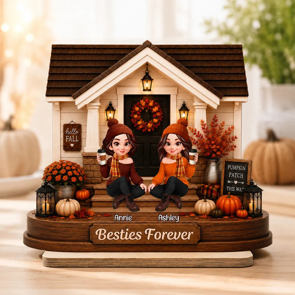 Personalized 2-Layer Wooden Plaque with Fall Porch Sisters, Unique Gift for Sister, Cozy Home Decor