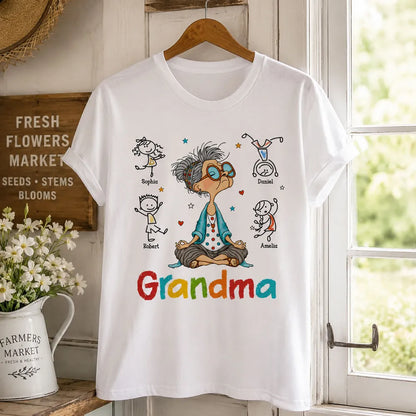 Personalized Grandma Classic Tee, Meditating Cartoon Grandkids Design, Unique Creative Gift for Grandma