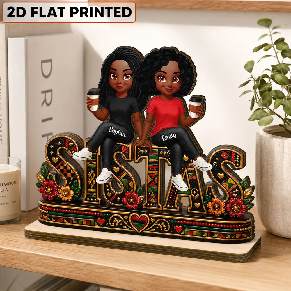 Personalized 2-Layer Wooden Plaque, Sistas Cartoon Display With Coffee Cups, Unique Sister Gift