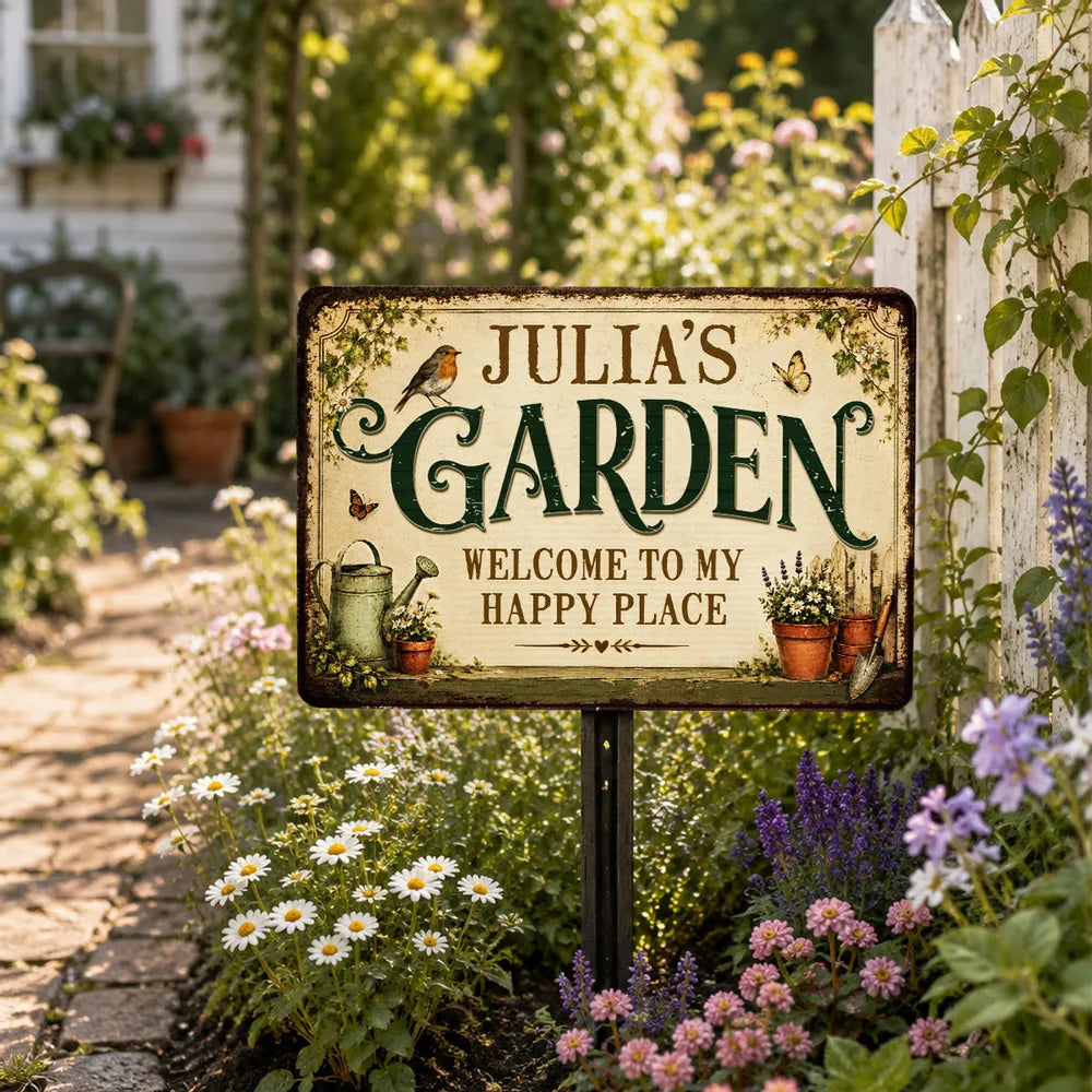 Personalized Rectangular Iron Sign with Vintage Garden Art, Unique Gift for Gardeners