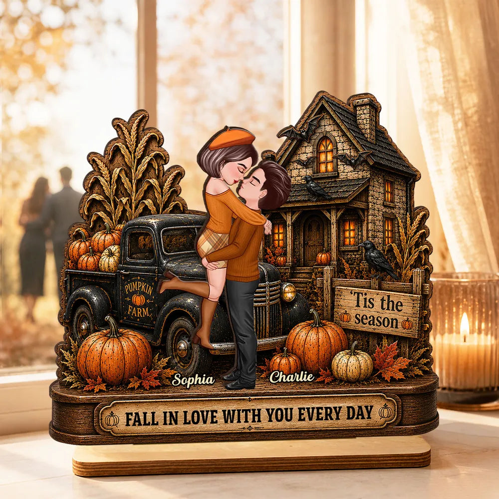 Personalized 2-Layer Wooden Plaque, Fall Couple Hugging at Haunted House, Unique Gift for Couple