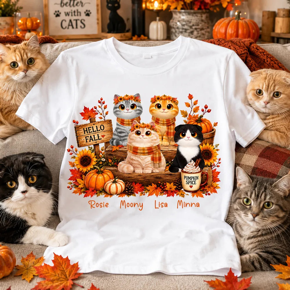 Hello Fall Personalized Cat Sweatshirt, Warm Autumn Cat Scene, Creative Gift for Cat Moms and Friends