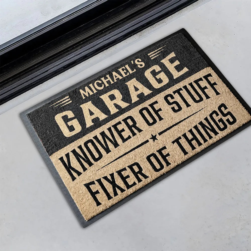 Standard Doormat, Personalized Garage Knower of Stuff Design, Rustic Entry Decor, Unique Creative Gift