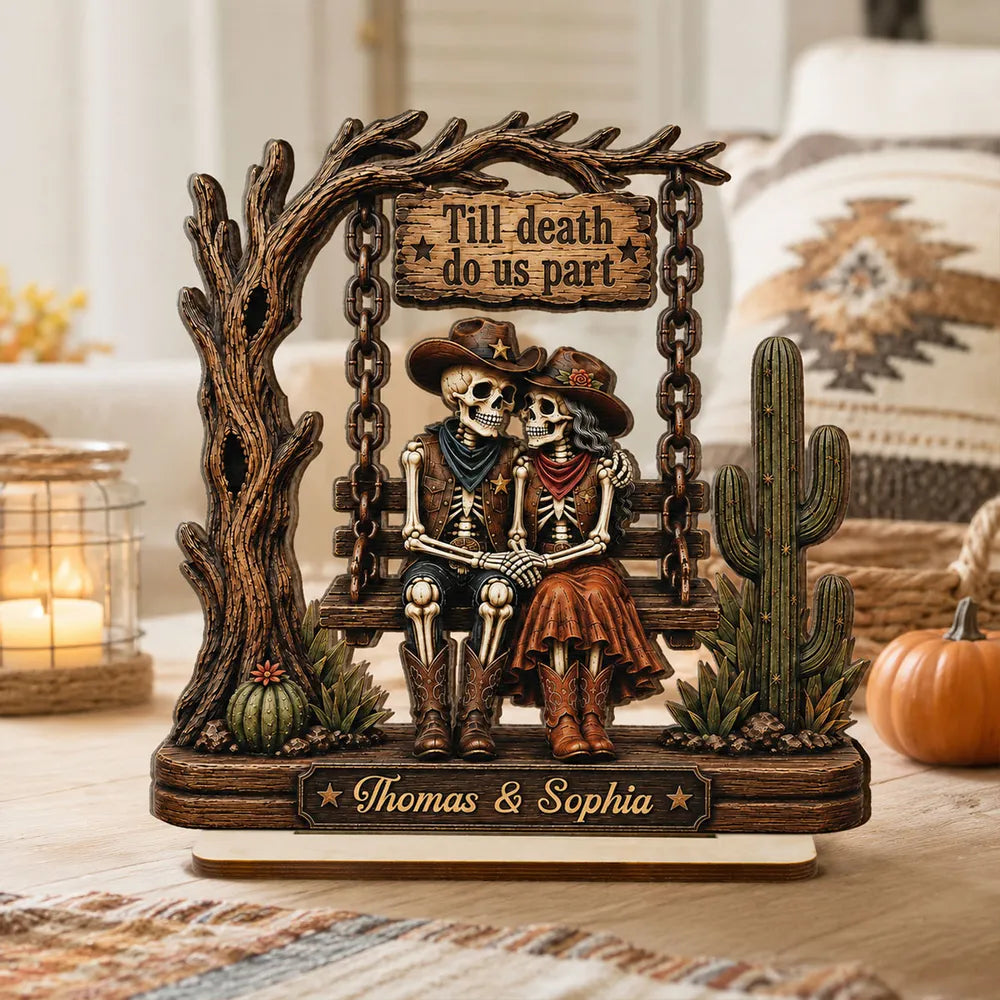 Personalized 2-Layer Wooden Plaque, Cowboy Skeleton Couple Halloween Decor, Unique Gift for Couple