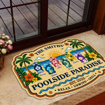 Personalized Shaped Doormat, Poolside Paradise Flip Flops, Tropical Summer House Unique Gift