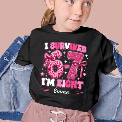 Custom Youth Tee with I Survived Birthday Design, Creative Gift for Kids with Sparkly Pink Style