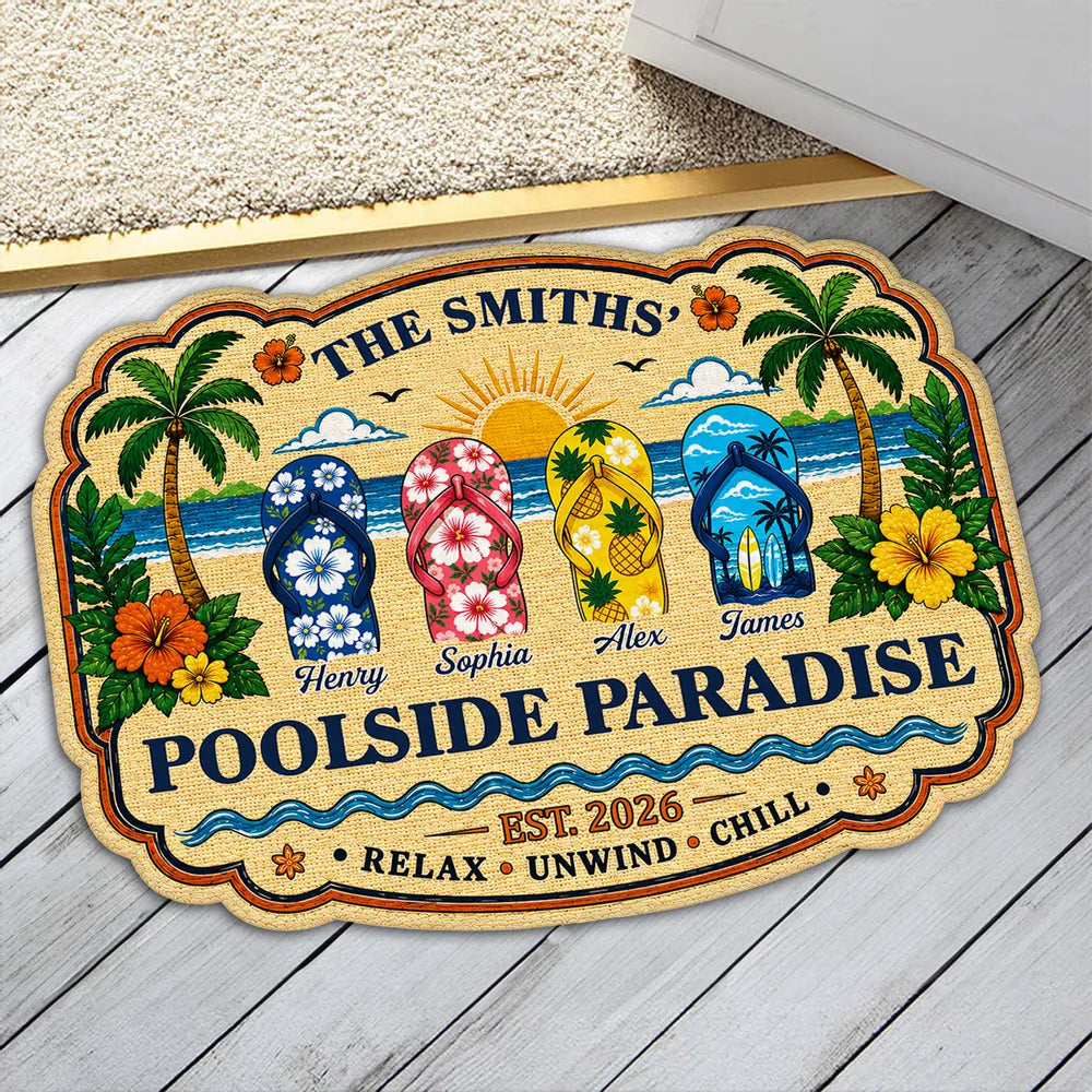 Personalized Shaped Doormat, Poolside Paradise Flip Flops, Tropical Summer House Unique Gift