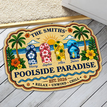 Personalized Shaped Doormat, Poolside Paradise Flip Flops, Tropical Summer House Unique Gift