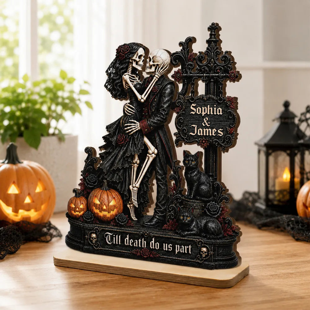 Personalized 2-Layer Wooden Plaque, Skeleton Couple Kissing Halloween Decor, Unique Gift for Couples