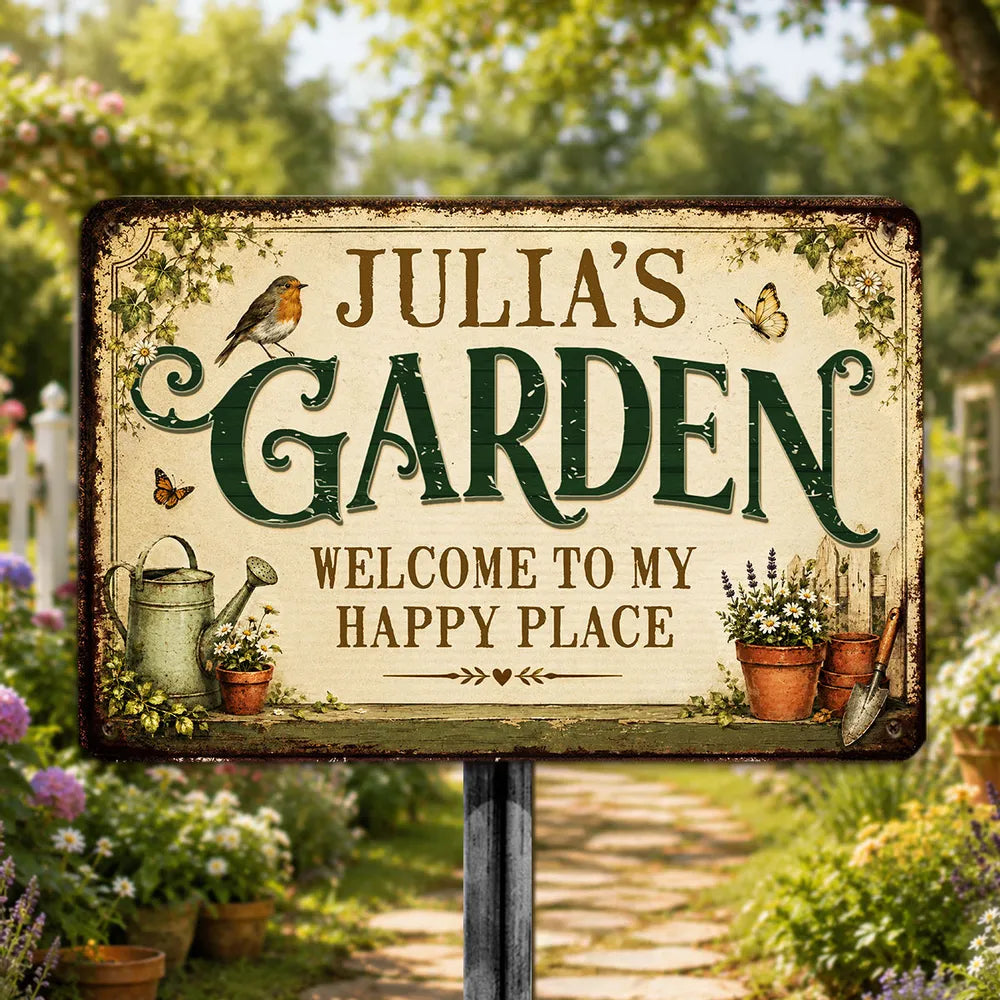 Personalized Rectangular Iron Sign with Vintage Garden Art, Unique Gift for Gardeners