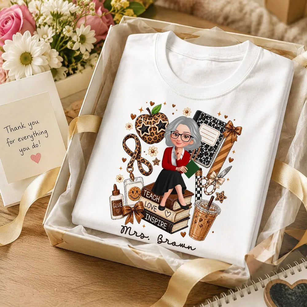 Personalized Teacher Classic Tee, Sitting Teacher & Leopard Apple, Unique Back to School Gift