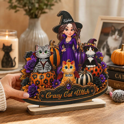 Personalized 2-Layer Wooden Plaque, Witch Posing with Cats and Pumpkins, Unique Halloween Gift for Cat Lovers