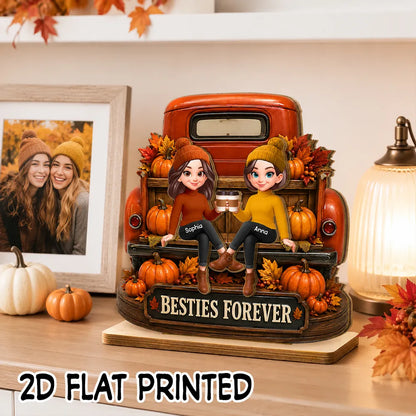Personalized 2-Layer Wooden Plaque, Fall Truck Besties Forever, Unique Gift for Friend