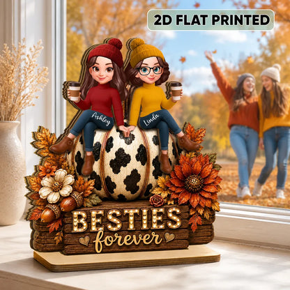 Personalized 2-Layer Wooden Plaque with Friends on Pumpkin, Autumn Coffee Decor, Unique Gift for Close Friend