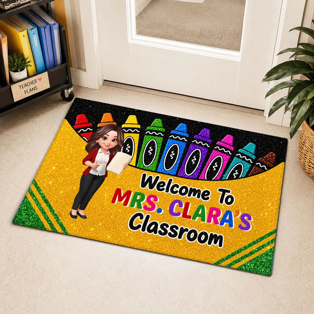Personalized Standard Doormat, Cartoon Teacher & Bright Crayons, Unique Gift for Classroom Entry
