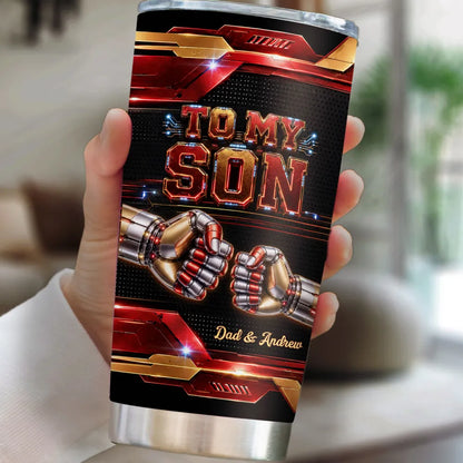 Insulated Travel Tumbler, Robotic Fist Bump Design, Red Gold Keepsake, Unique Gift for Son