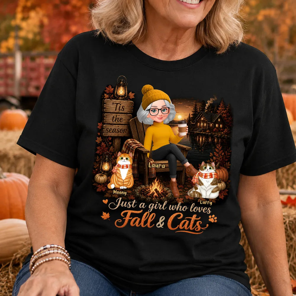 Personalized Classic Tee, Woman With Cats in Cozy Fall Cabin Scene, Unique Gift for Cat Moms